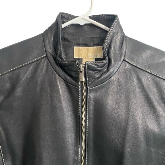 Michael Kors Full Zip Short 100% Leather Black Moto Jacket Women’s Size Large - Picture 2 of 11